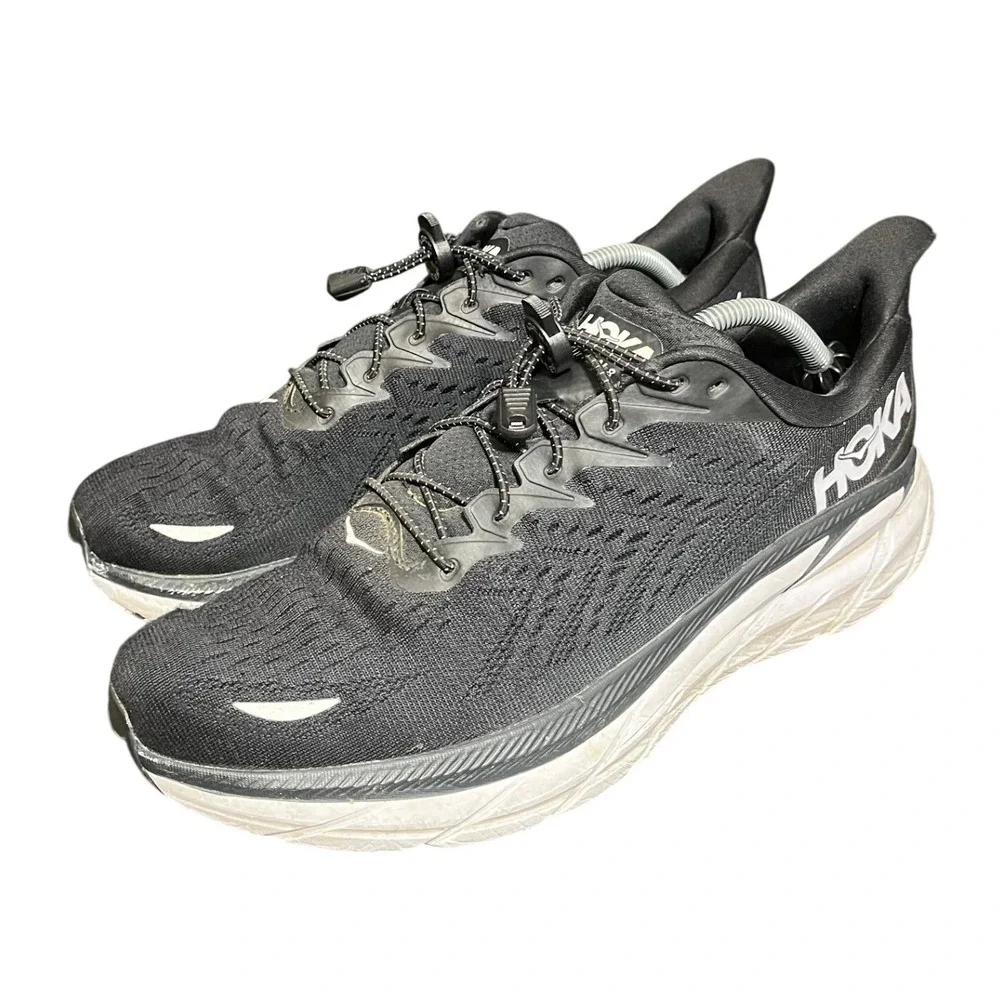 Hoka One One Men's Clifton‎ 8 Size US 12 D Black White 1119393 Running Shoes